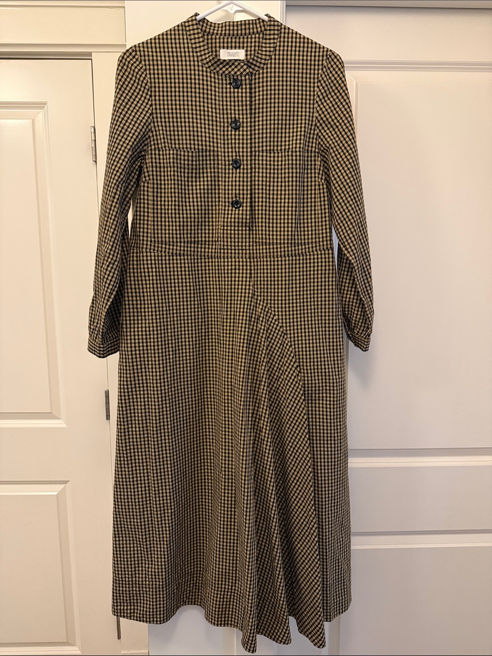 TOAST Long-Sleeve Midi Dress in Black and Tan Check Plaid